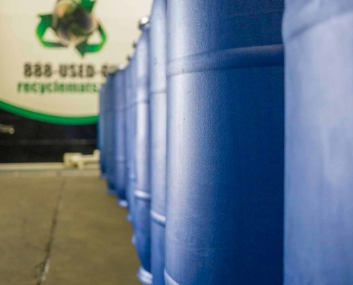 Close up of blue waste containers